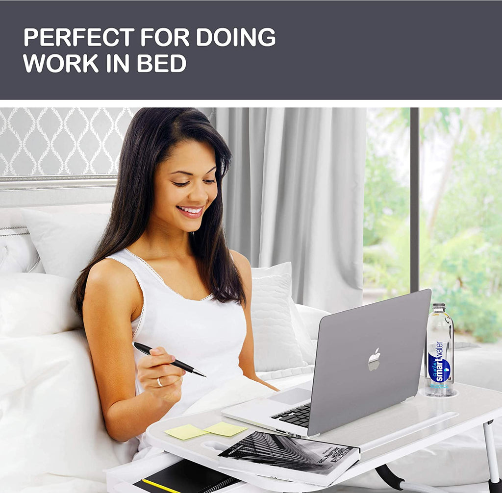 Laptop Bed Desk with Storage and Foldable Legs - White