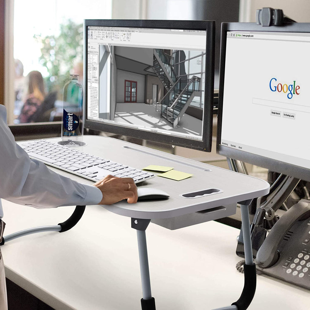 Laptop Bed Desk with Storage and Foldable Legs - White