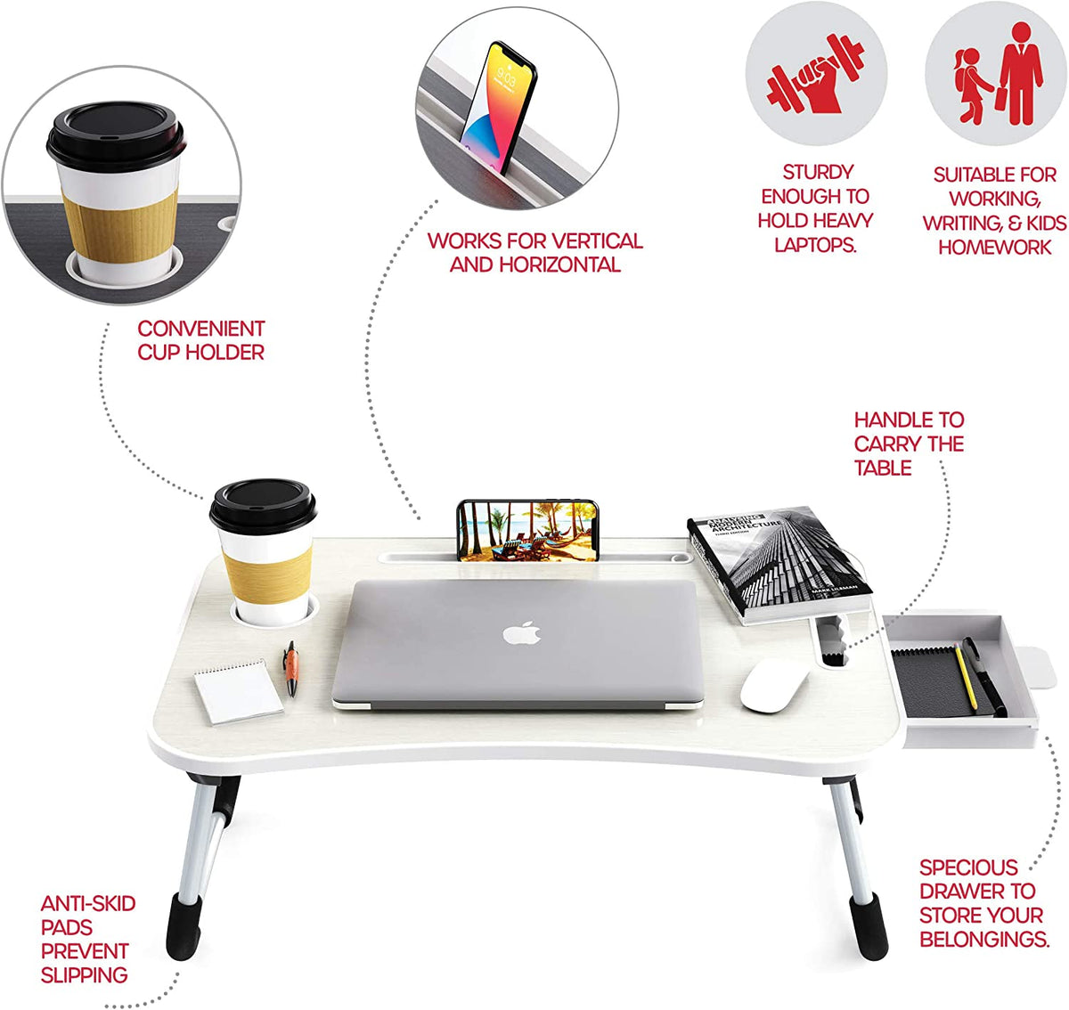 Laptop Bed Desk with Storage and Foldable Legs - White