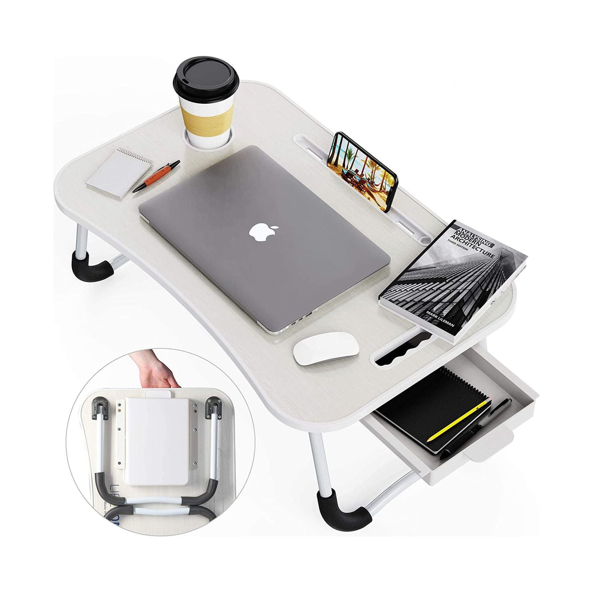 Laptop Bed Desk with Storage and Foldable Legs - White