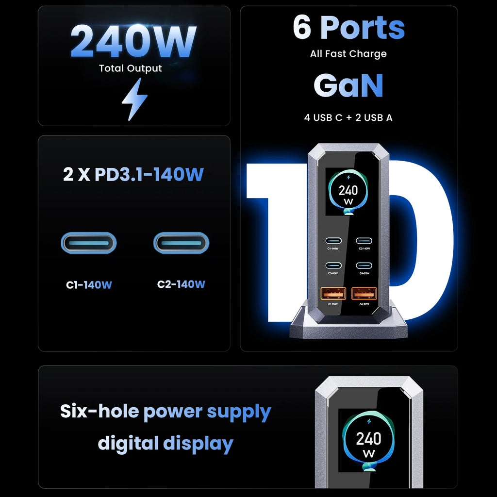 240W GaN Charger PD3.1 140W USB Type C 6 Ports PPS PD Desktop Fast Charging Station for iPhone Samsung MacBook Laptops Tablet