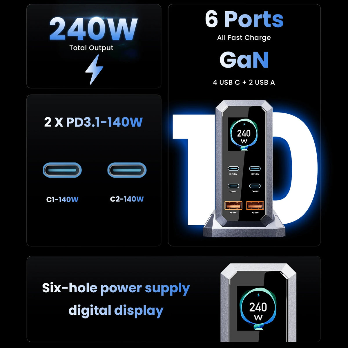 240W GaN Charger PD3.1 140W USB Type C 6 Ports PPS PD Desktop Fast Charging Station for iPhone Samsung MacBook Laptops Tablet