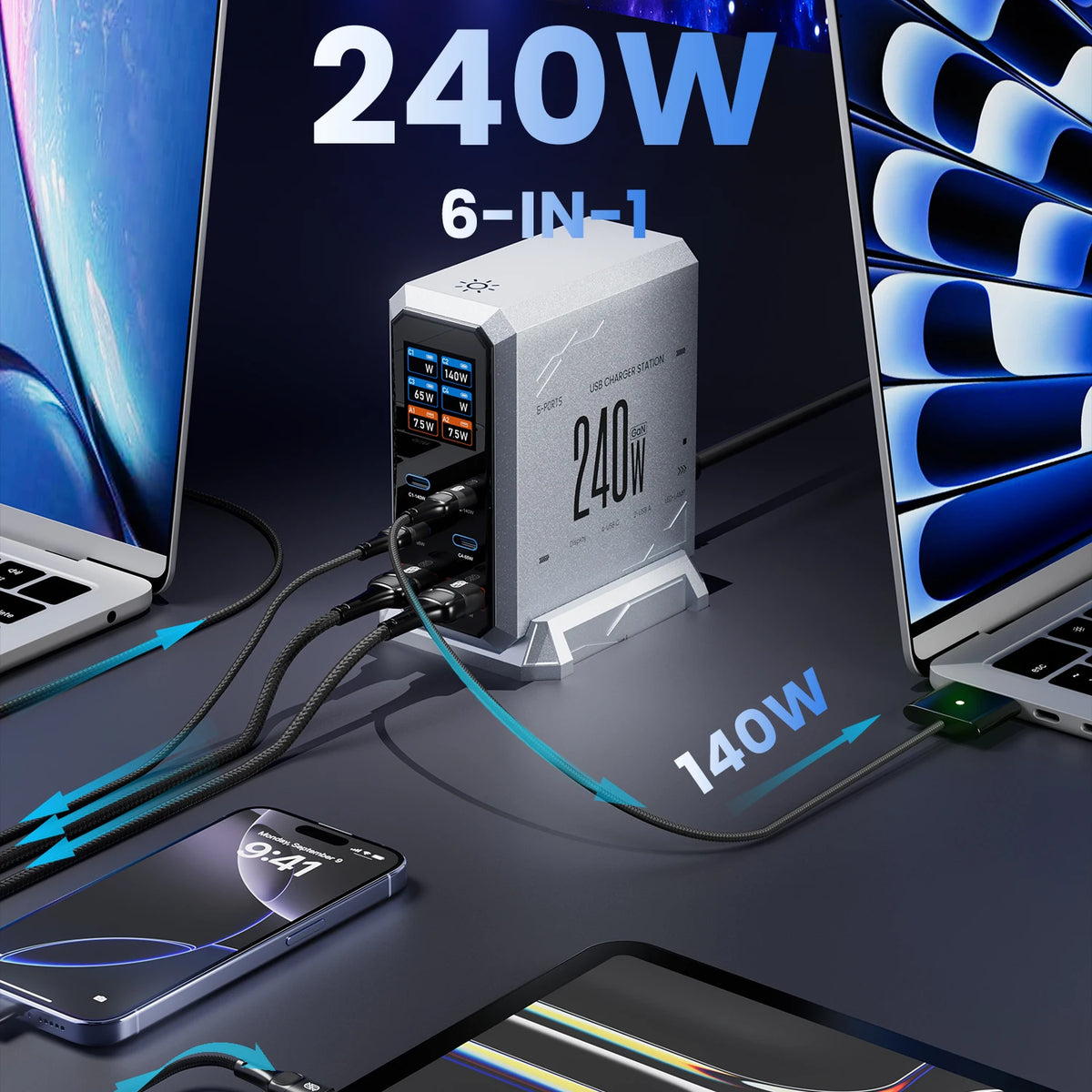 240W GaN Charger PD3.1 140W USB Type C 6 Ports PPS PD Desktop Fast Charging Station for iPhone Samsung MacBook Laptops Tablet