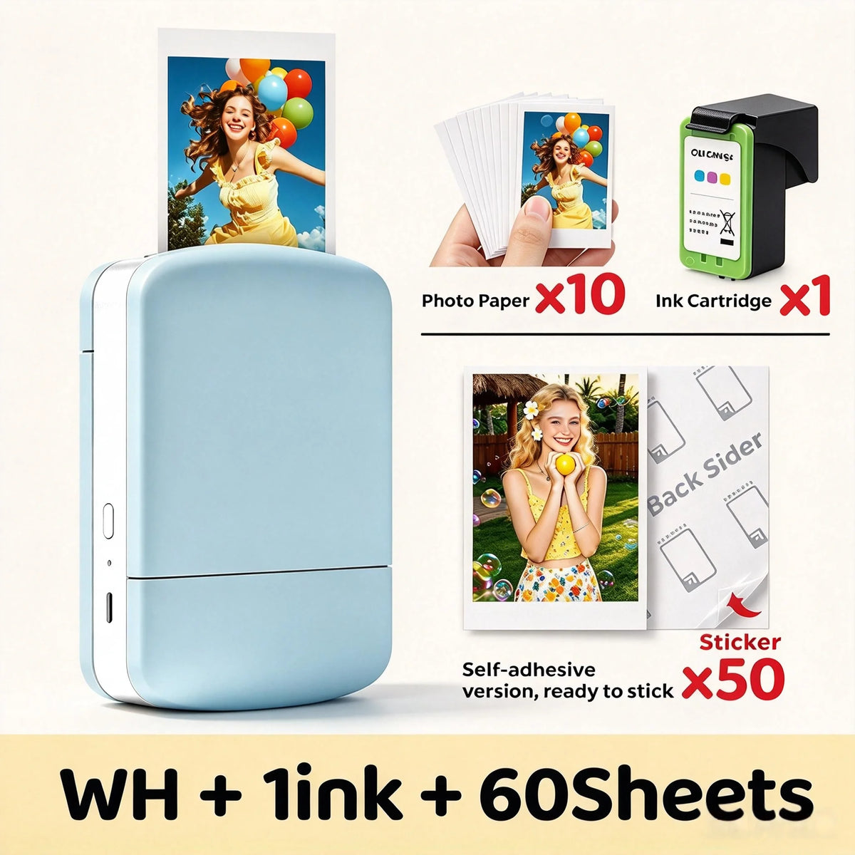 Portable Color Photo Printer, Wireless Bluetooth Smartphone Printer, 600DPI Instant Color Inkjet Printing; Includes Photo Paper
