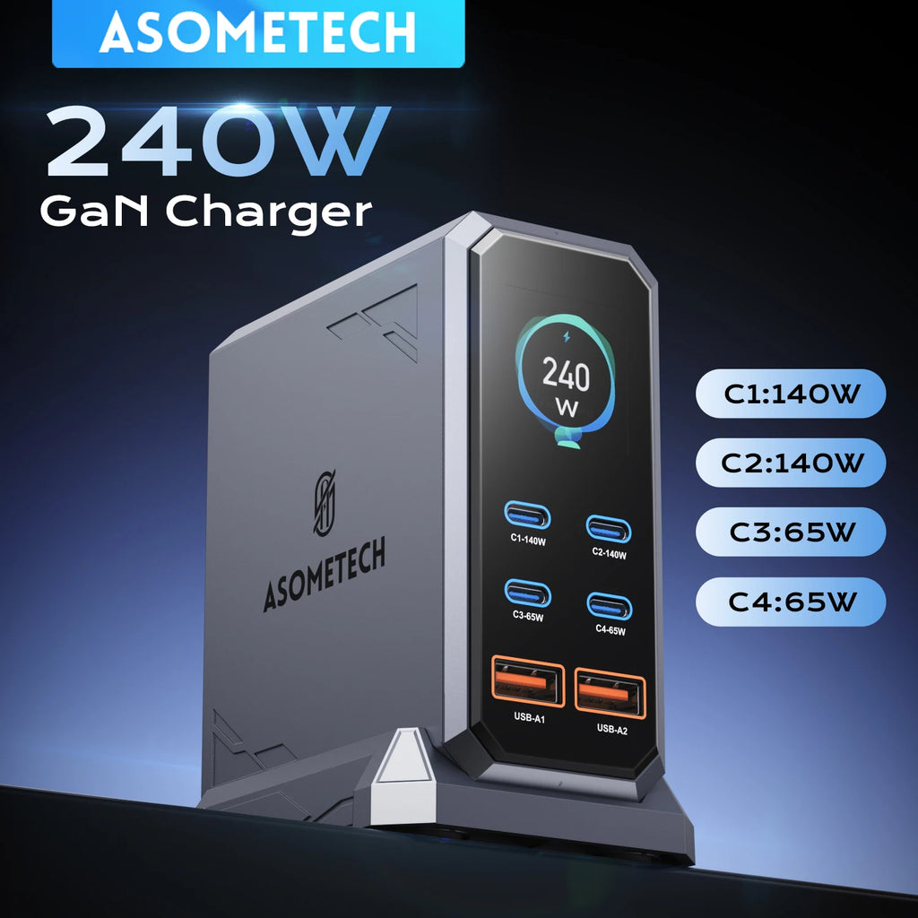 240W GaN Charger PD3.1 140W USB Type C 6 Ports PPS PD Desktop Fast Charging Station for iPhone Samsung MacBook Laptops Tablet