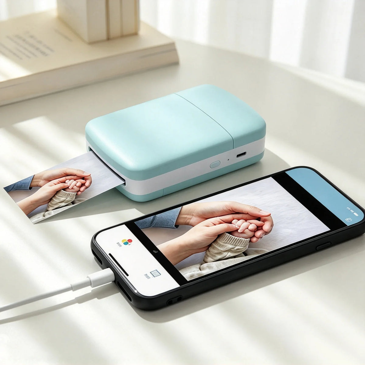 Portable Color Photo Printer, Wireless Bluetooth Smartphone Printer, 600DPI Instant Color Inkjet Printing; Includes Photo Paper