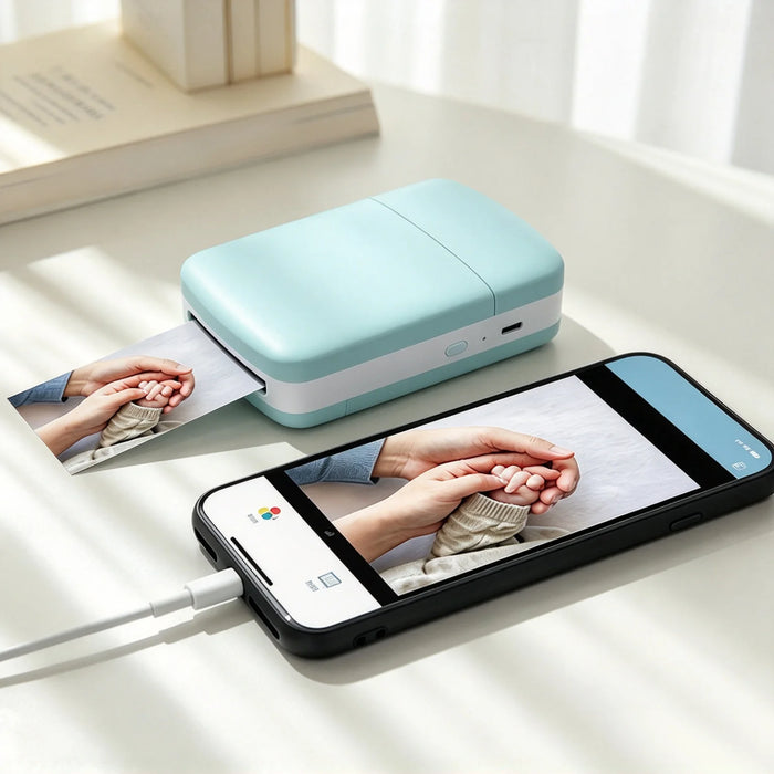 Portable Color Photo Printer, Wireless Bluetooth Smartphone Printer, 600DPI Instant Color Inkjet Printing; Includes Photo Paper