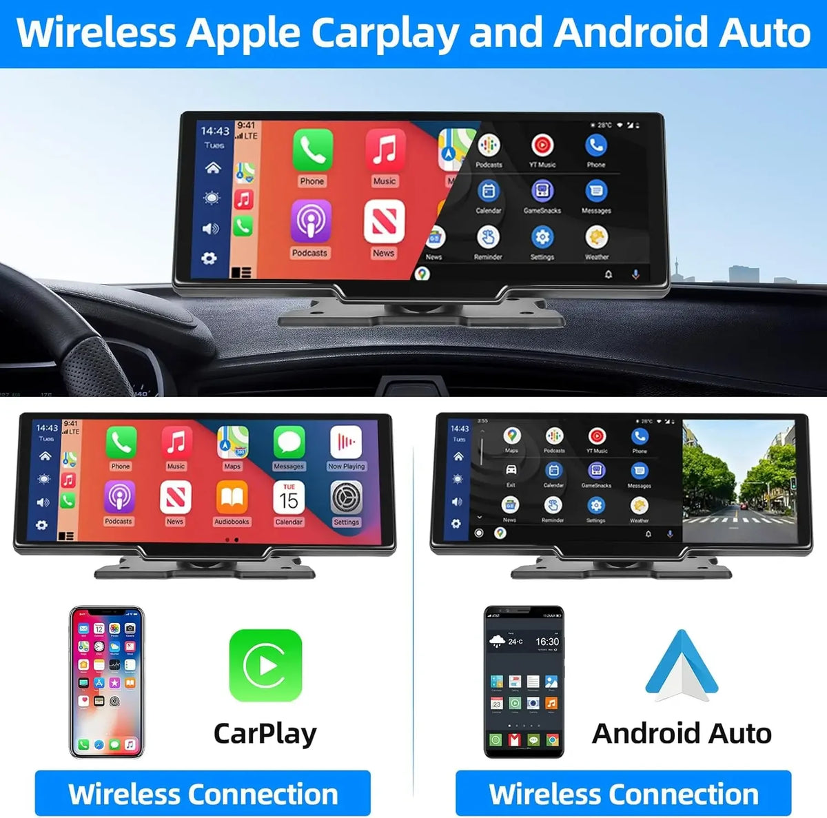 10.26" Carplay Screen for Car,Wireless CarPlay & Android Auto WiFi Smart Screen,Bluetooth Car Radio for Apple Android Stereo
