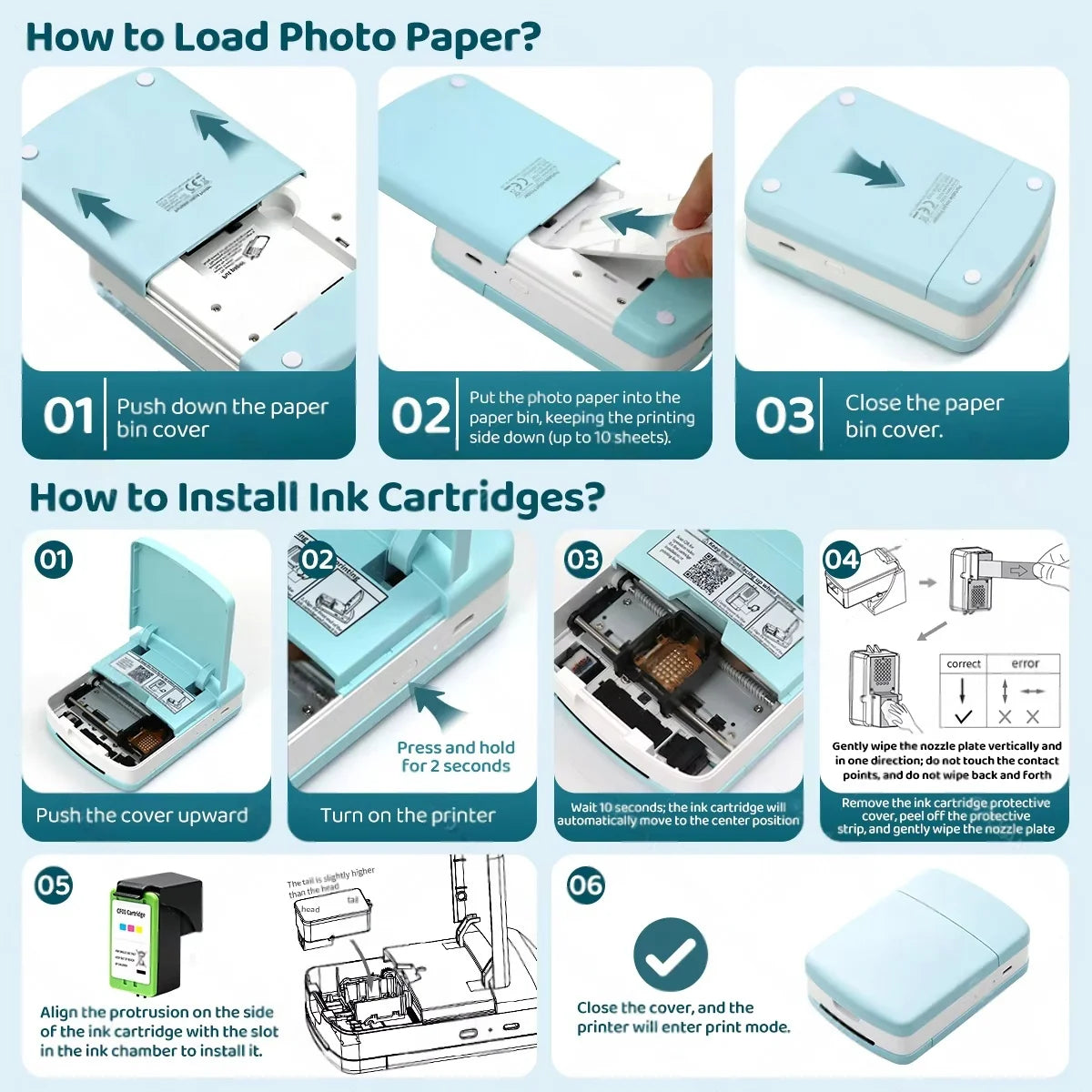 Portable Color Photo Printer, Wireless Bluetooth Smartphone Printer, 600DPI Instant Color Inkjet Printing; Includes Photo Paper