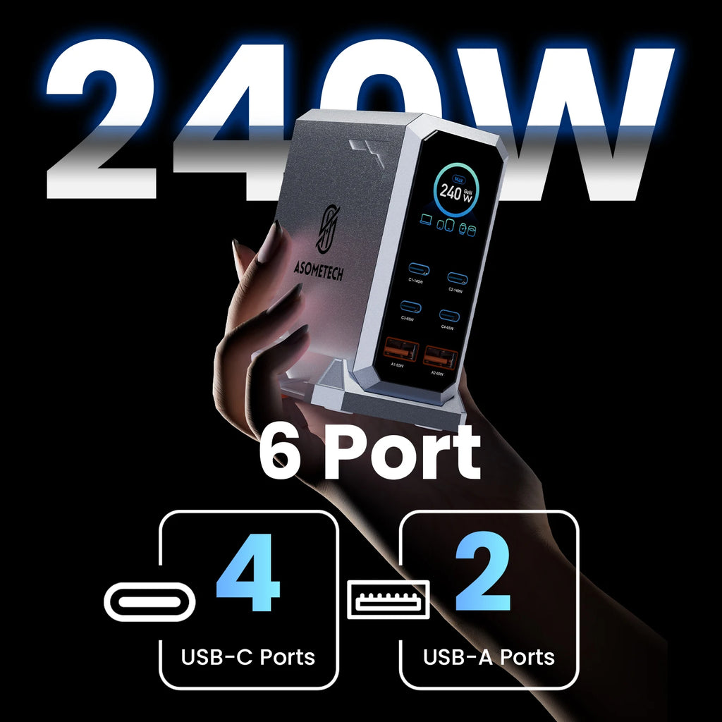 240W GaN Charger PD3.1 140W USB Type C 6 Ports PPS PD Desktop Fast Charging Station for iPhone Samsung MacBook Laptops Tablet